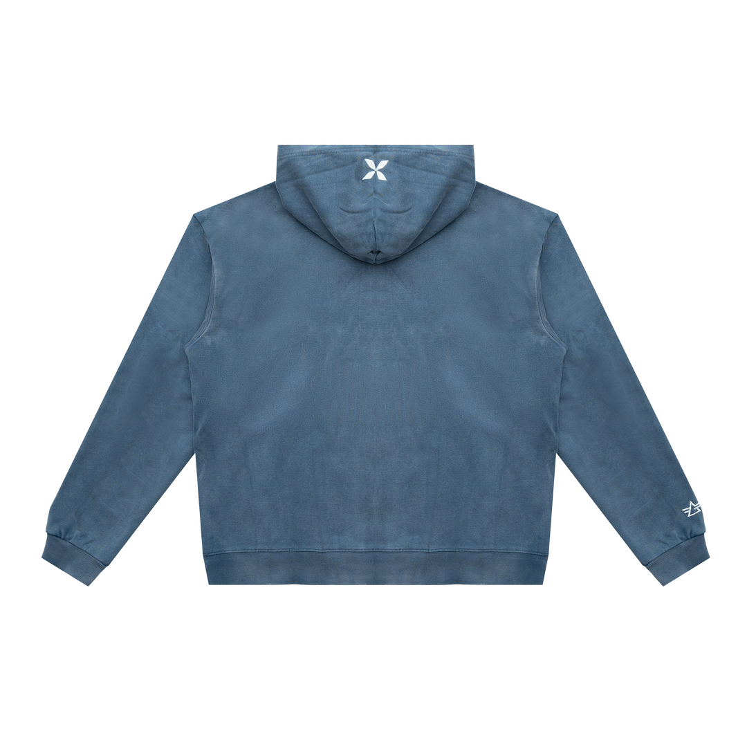 Blue hoodie with a brand logo on the back against a white background
