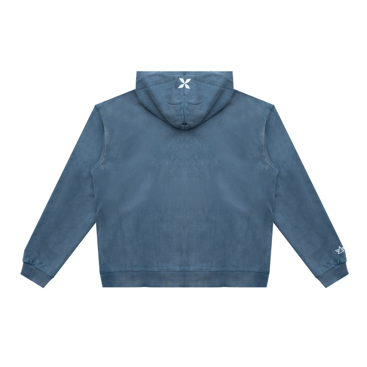 Blue hoodie with a brand logo on the back against a white background