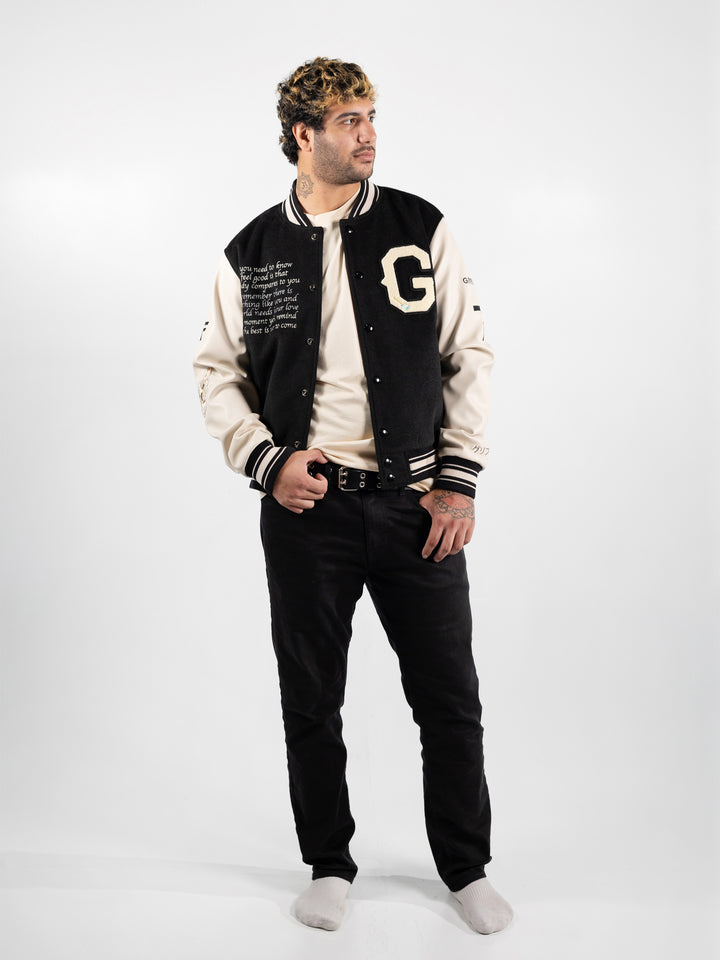 Beige & Black Varsity Jacket